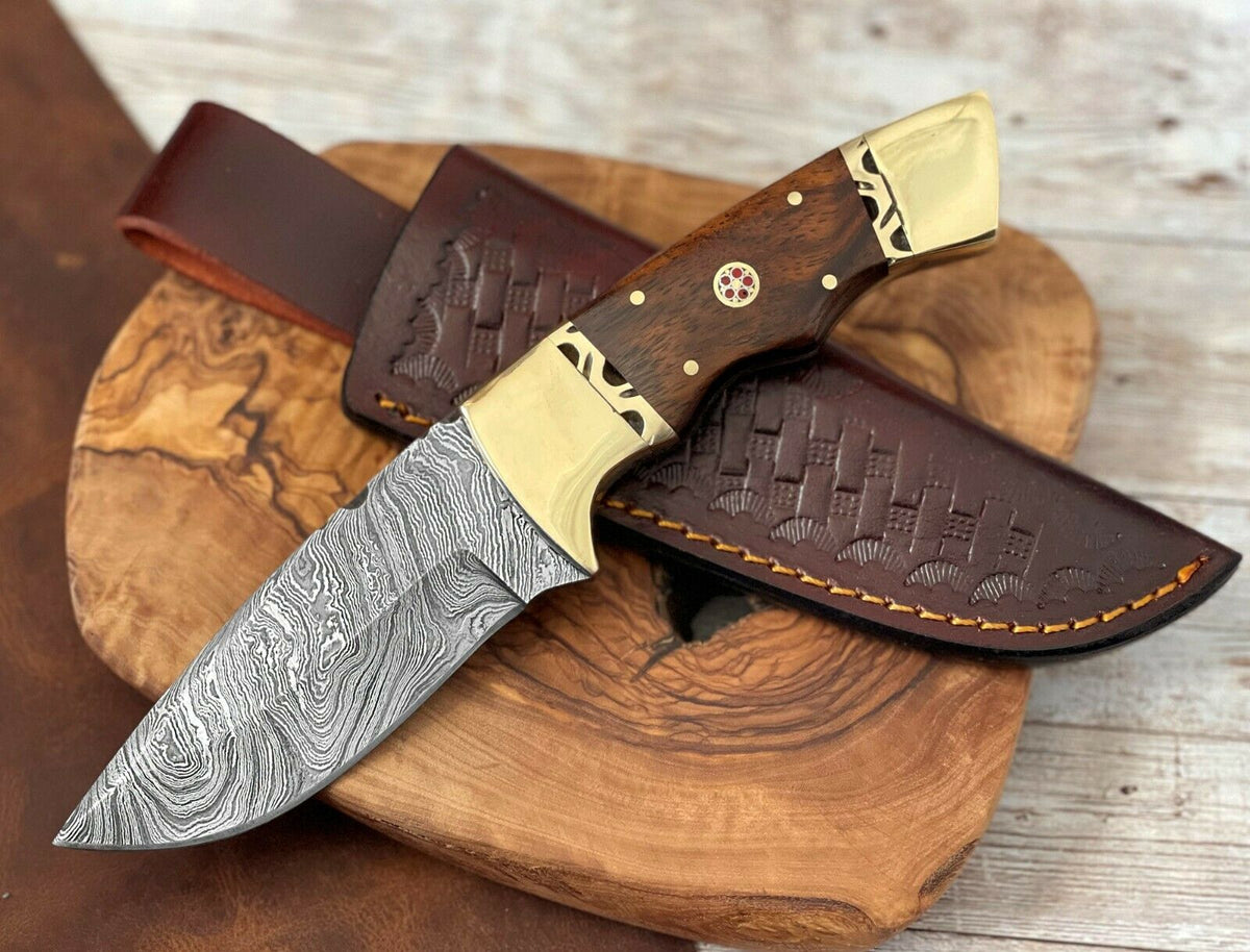 Damascus Steel Knife 9 Custom Fixed Blade Knife With Rose Wood
