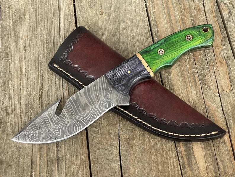 Hunting Gut Hook Knife, Personalized Damascus Steel Fixed Blade Knife, Father's Day Gift
