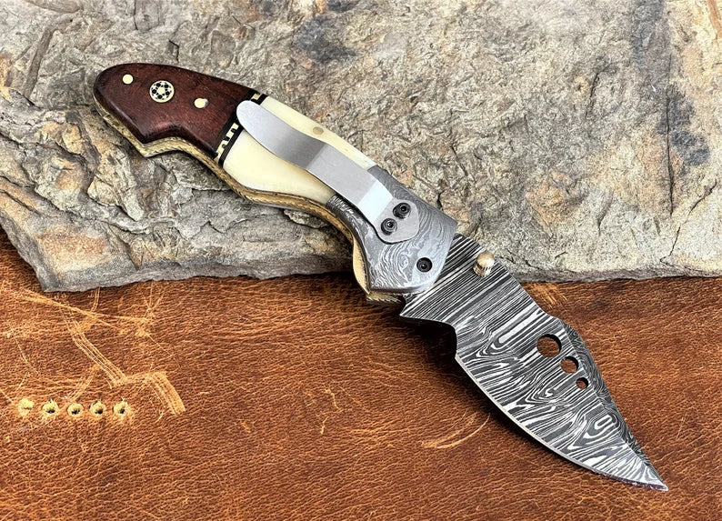 Personalized Damascus Steel Pocket Knife with Belt Clip Camel Bone Rose Wood Handle