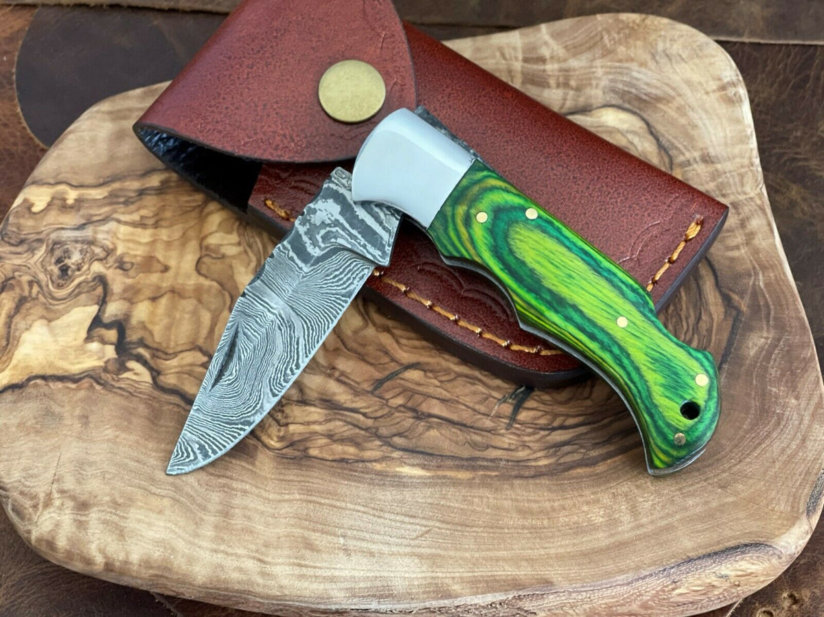 Folding Pocket Knife Hand Forged Damascus With Wood Handle & Back Lock