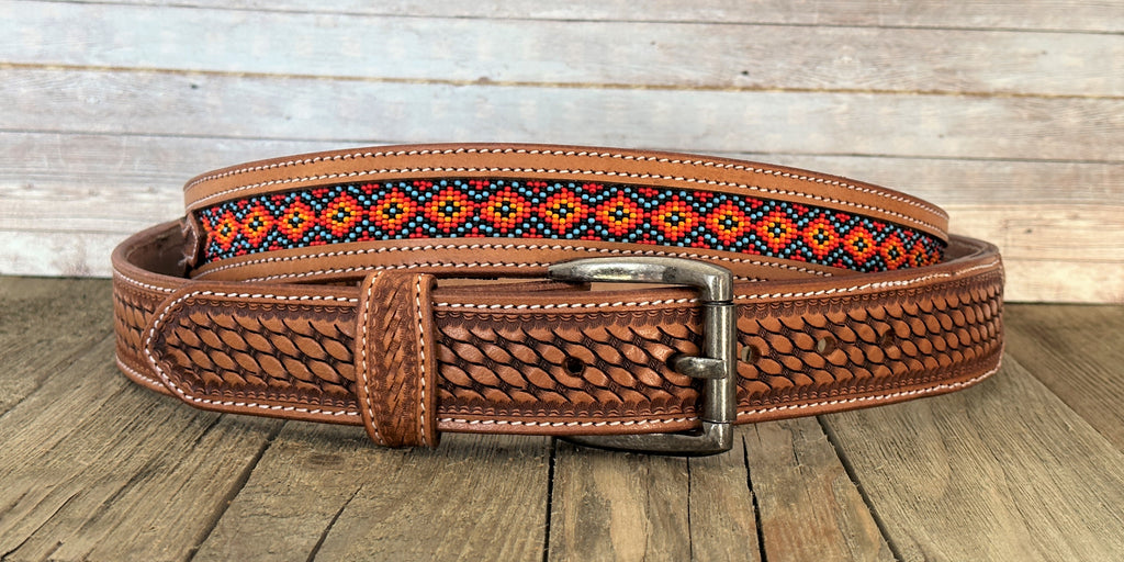 Western Belt Cowboy Rodeo Full Grain Leather Hand Tooled Beaded Removable Buckle