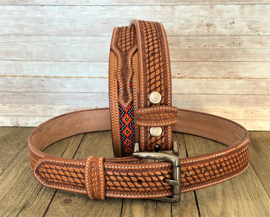 Western Belt Cowboy Rodeo Full Grain Leather Hand Tooled Beaded Removable Buckle