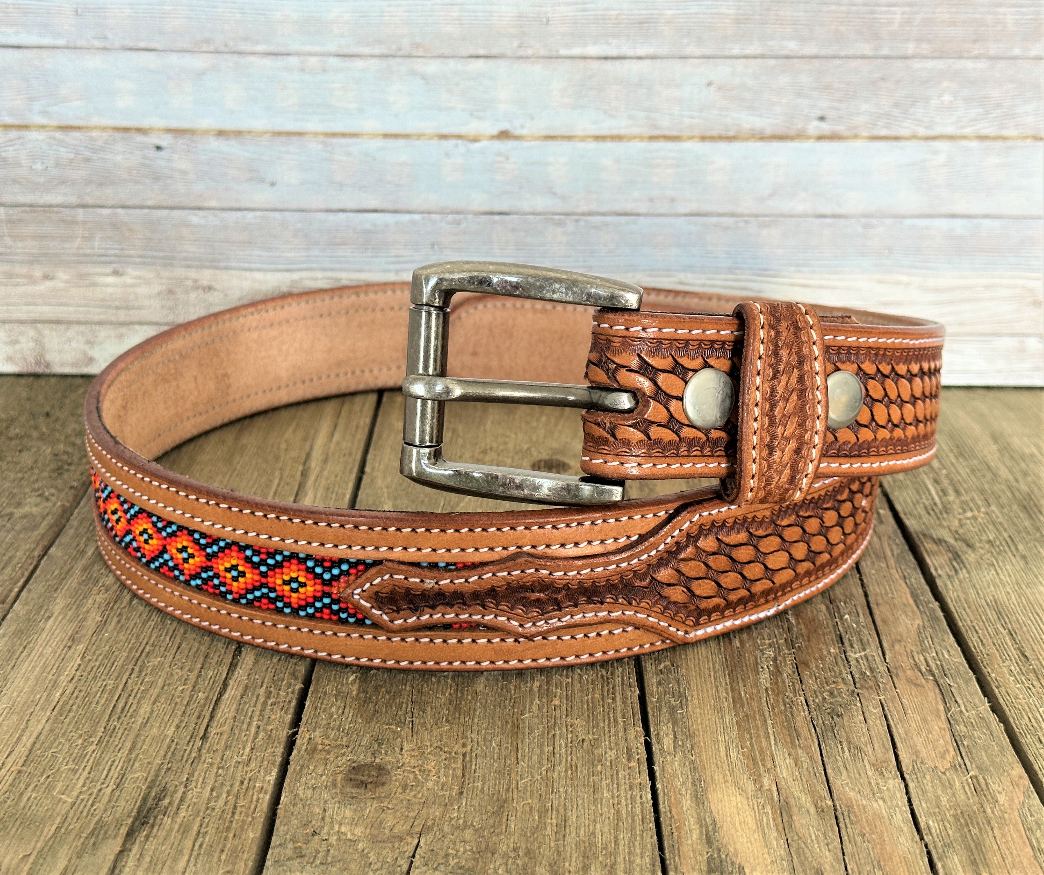 Distressed Brown Leather Belt Seed Bead Multicolored Buckle Boho Festival XL 2 Inch Hand-Tooled Artesanal Beaded Leather Belt – Texas  main image 2