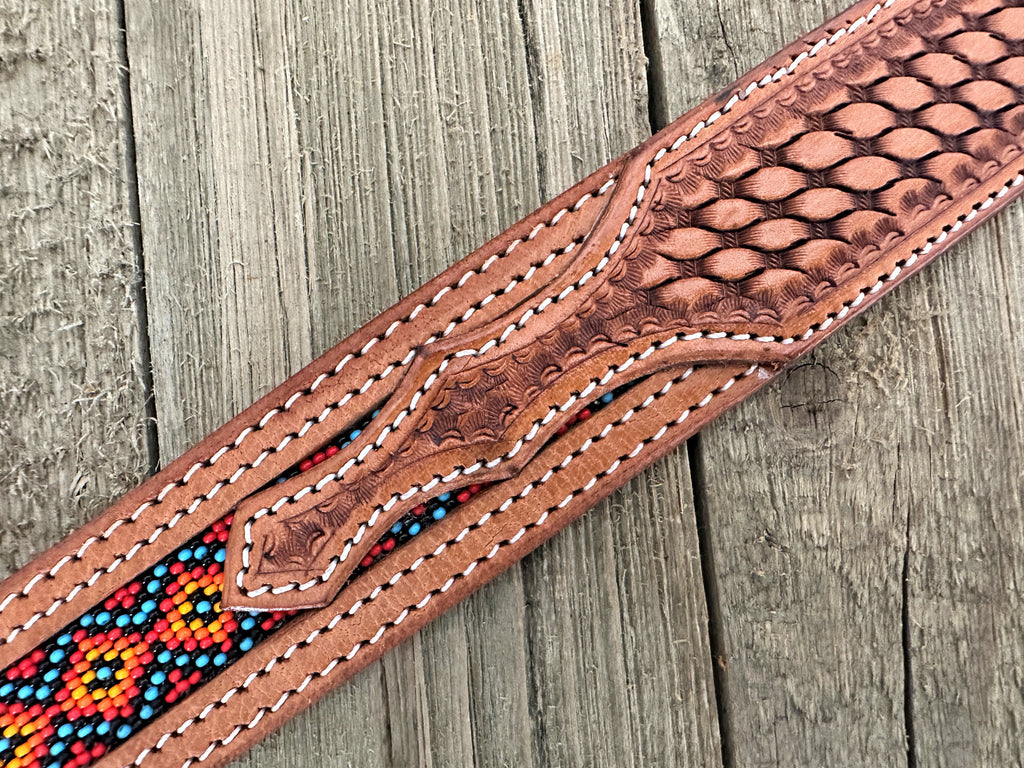Western Belt Cowboy Rodeo Full Grain Leather Hand Tooled Beaded Removable Buckle