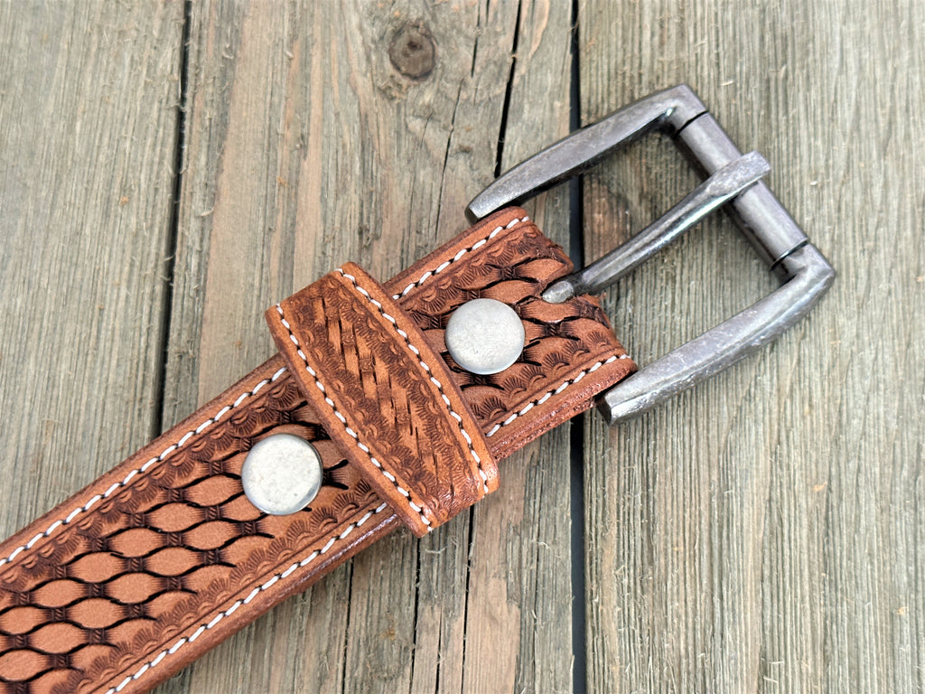 Western Belt Cowboy Rodeo Full Grain Leather Hand Tooled Beaded Removable Buckle