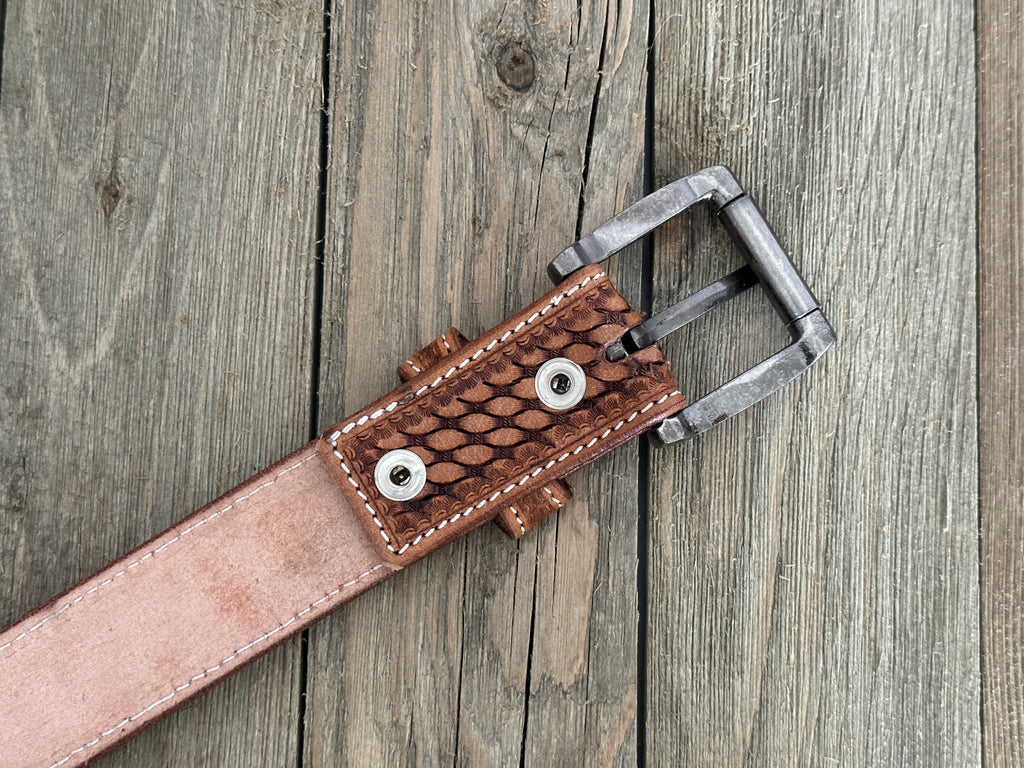 Western Belt Cowboy Rodeo Full Grain Leather Hand Tooled Beaded Removable Buckle