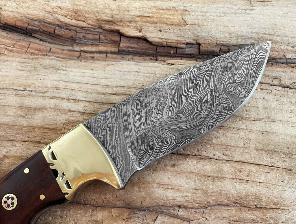 Damascus Steel Knife 9" Custom Fixed Blade Knife With Rose Wood Handle