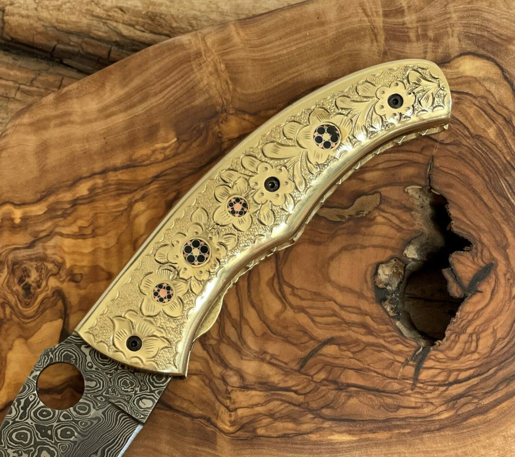 Damascus Steel Folding Pocket Knife with Engraved Brass Handle 8" Custom Knives