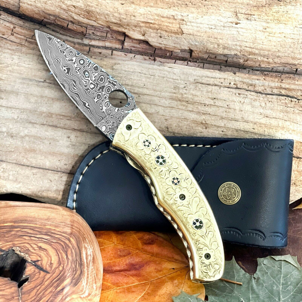 Engraved Steel Pocket Knife - Brass Handle – Folding Knife Store