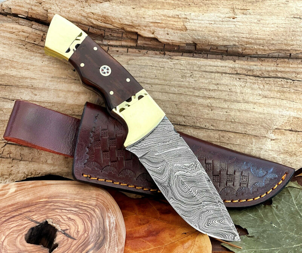 Damascus Steel Knife 9" Custom Fixed Blade Knife With Rose Wood Handle