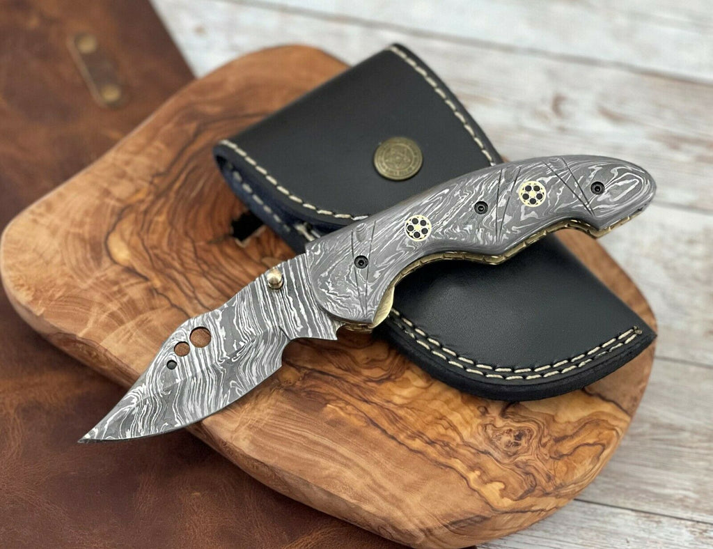 Pocket Knife Damascus Steel Handmade Folding Knives With Leather Sheath