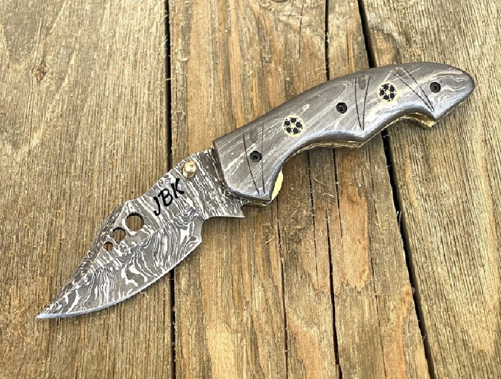 Pocket Knife Damascus Steel Handmade Folding Knives With Leather Sheath