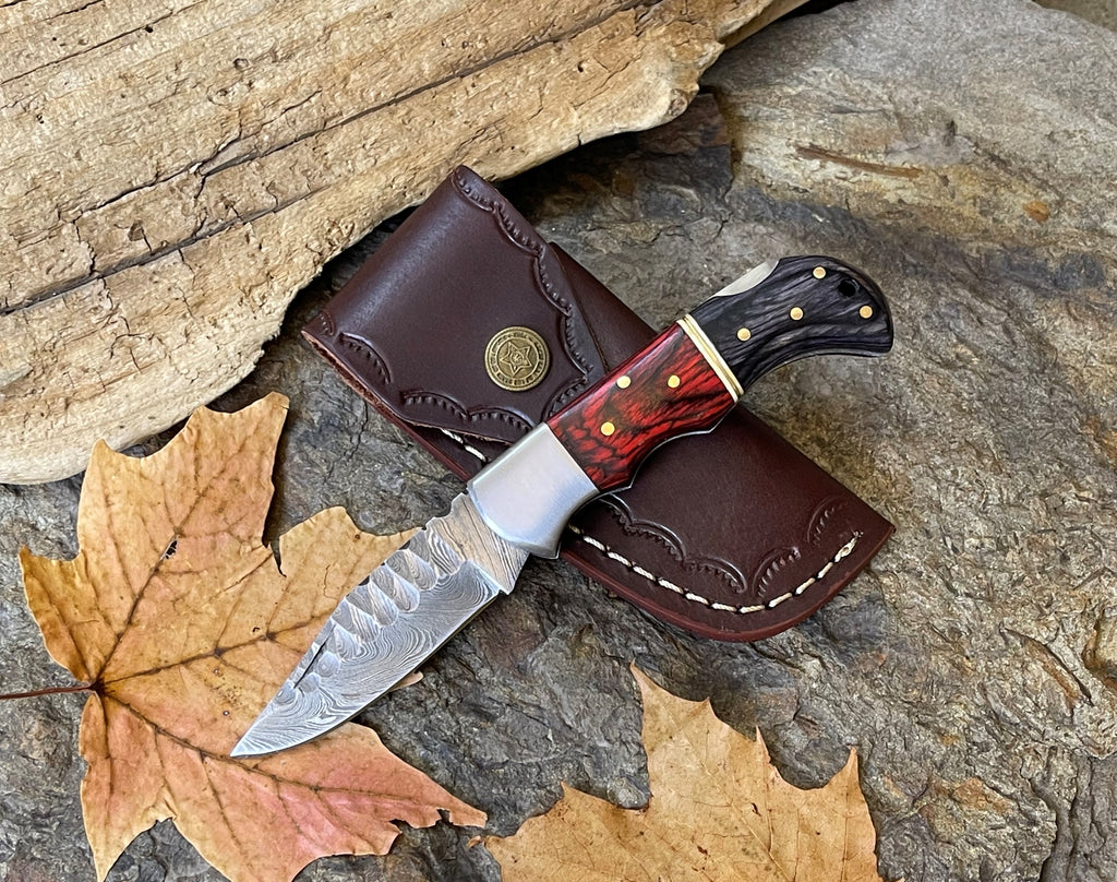 Damascus Steel Folding Pocket Handmade Knife Wood Handle+Leather Sheath