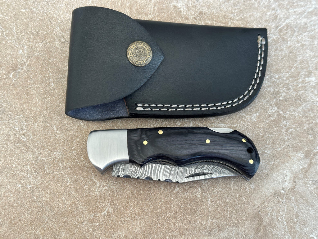 Handmade Pocket Knife Damascus Steel Folding Knife With Leather Sheath