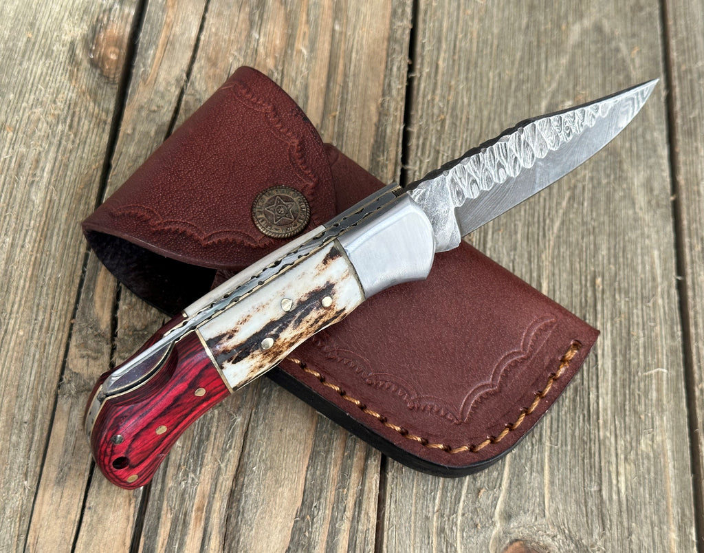 Damascus Pocket Knife, Engraved Pocket Knife, Stag Horn and wood handle