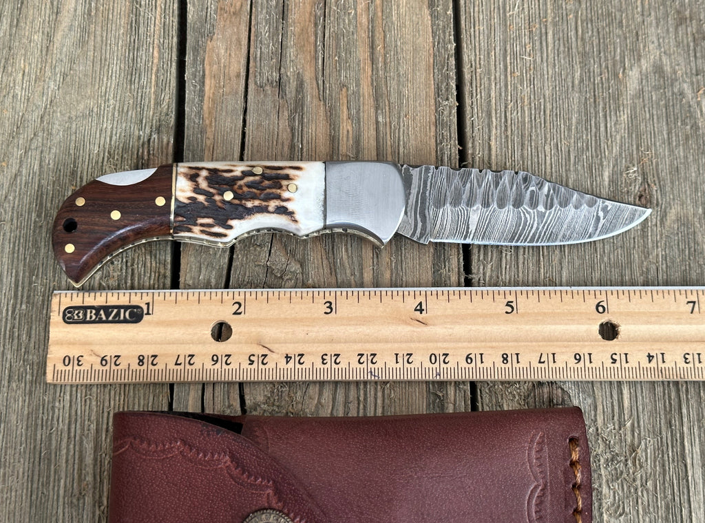 Damascus Pocket Knife, Engraved Pocket Knife, Stag Horn and wood handle