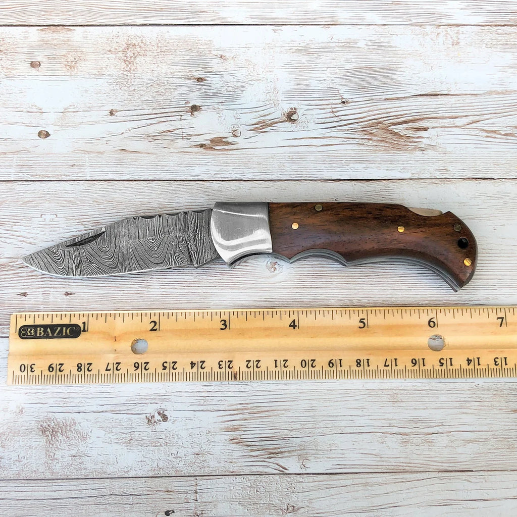 Pocket Knife Damascus Steel Rose Wood Handle Handmade With Leather Sheath