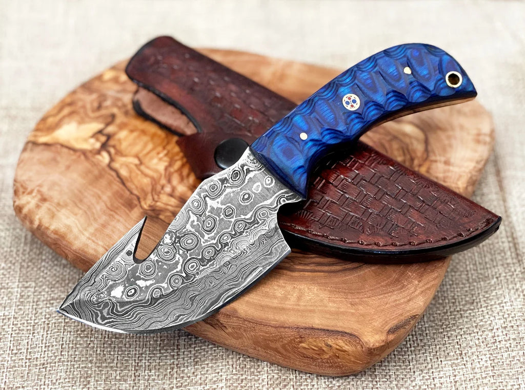 Damascus Steel Hunting Knife Full Tang Handmade Fixed Blade with Wood Handle