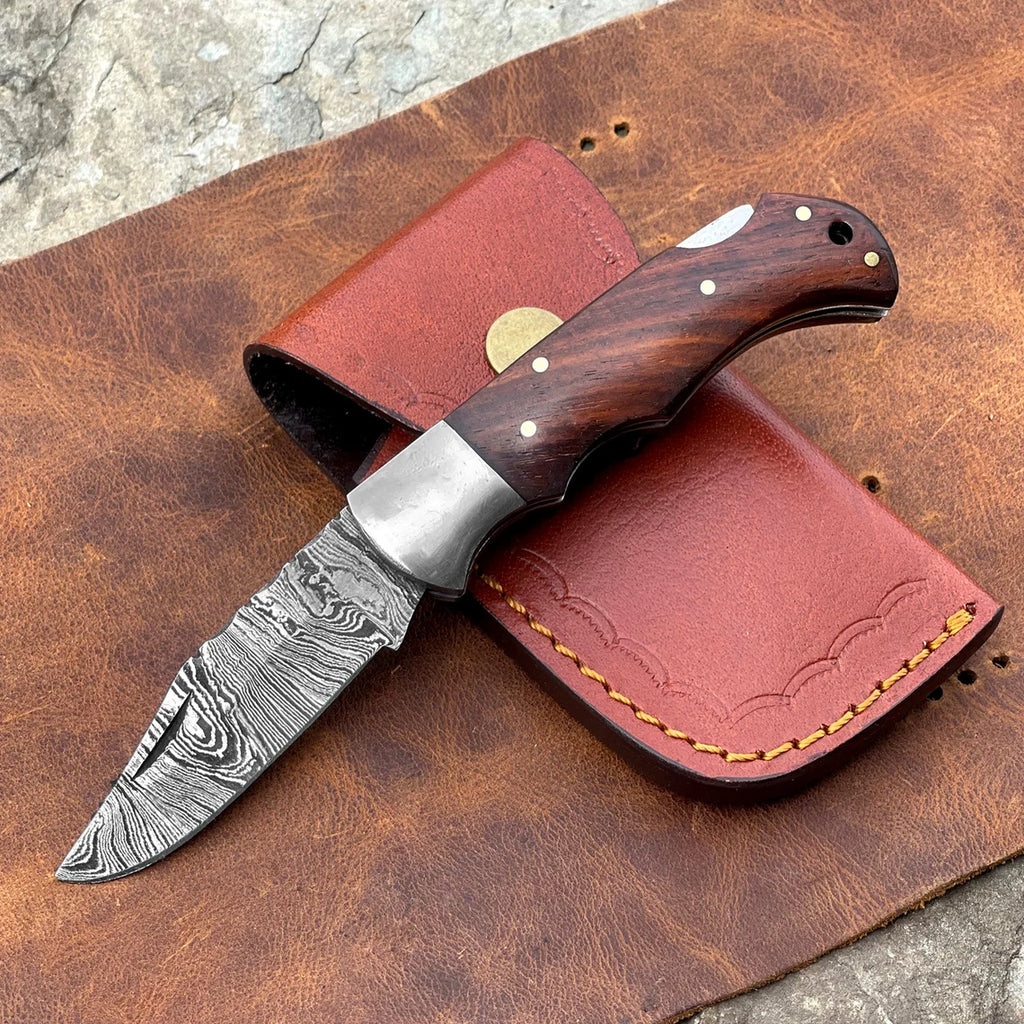 Pocket Knife Damascus Steel Rose Wood Handle Handmade With Leather Sheath