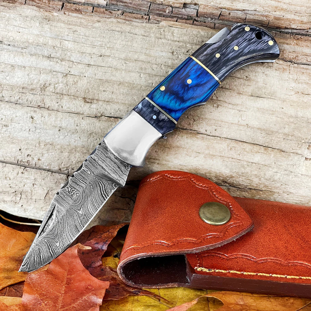 Damascus Pocket Folding Knife Custom Pocket Knife Handmade 6 1/2"