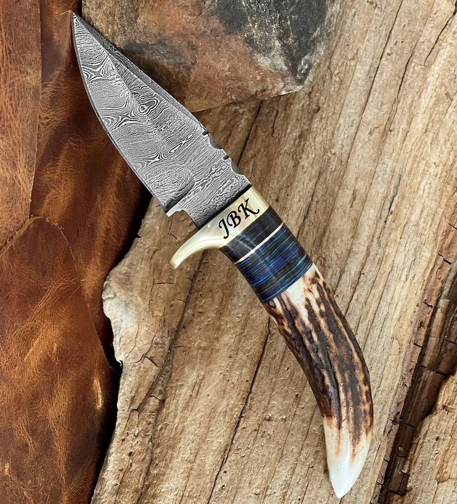 Damascus Steel Stag Horn Antler Handle Fixed Blade Knife, Damascus Pocket Knife Hunting