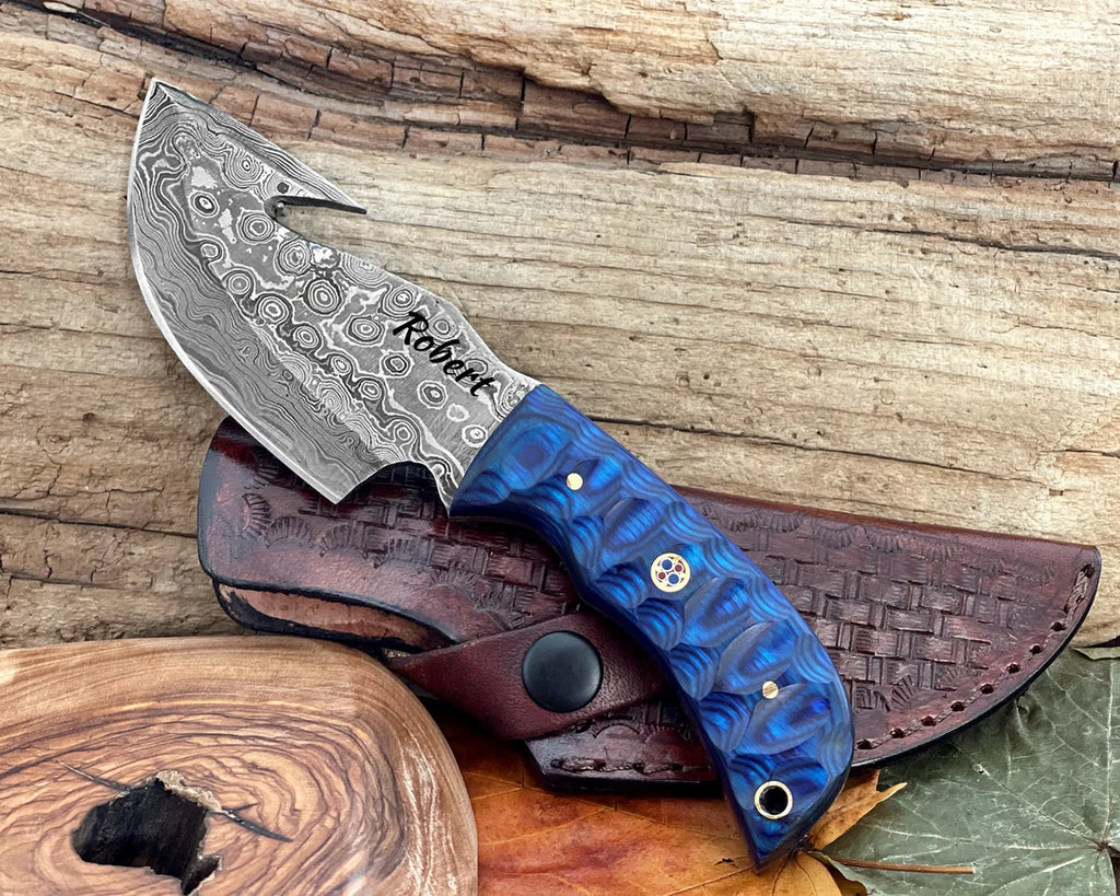Damascus Steel Hunting Knife Full Tang Handmade Fixed Blade with Wood Handle