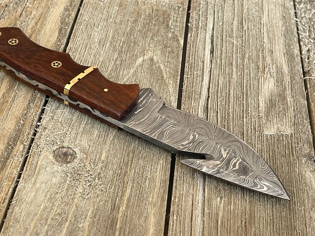 Full Tang Hunting Gut Hook Knife, Personalized Damascus Steel Fixed Blade Knife Rose Wood Handle