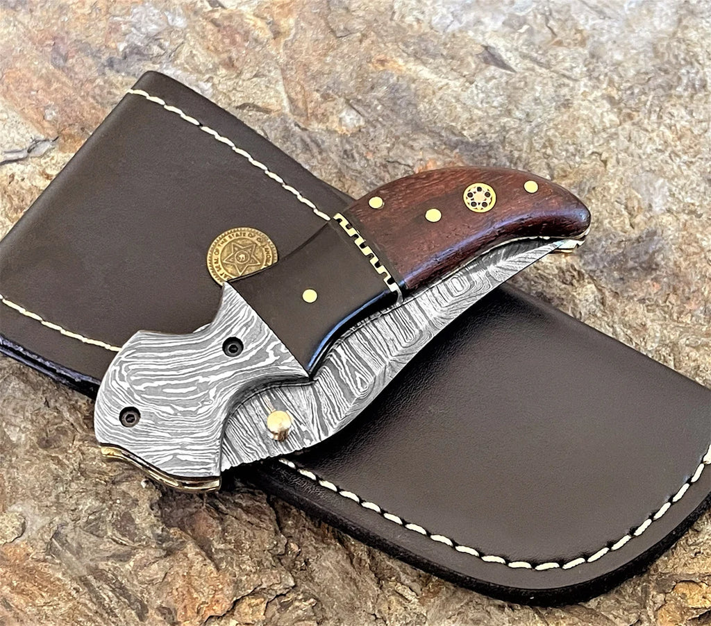 Engraved Damascus Folding Knife Personalized Damascus Steel Pocket Knife Buffalo Horn and Rose Handle