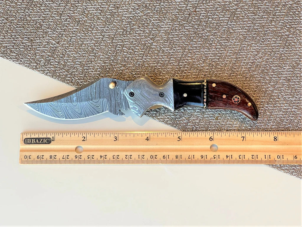 Engraved Damascus Folding Knife Personalized Damascus Steel Pocket Knife Buffalo Horn and Rose Handle
