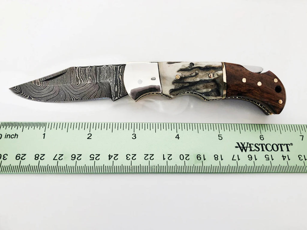 Damascus Steel Pocket Knife Stag Horn and Rose Wood Handle Knife Handmade