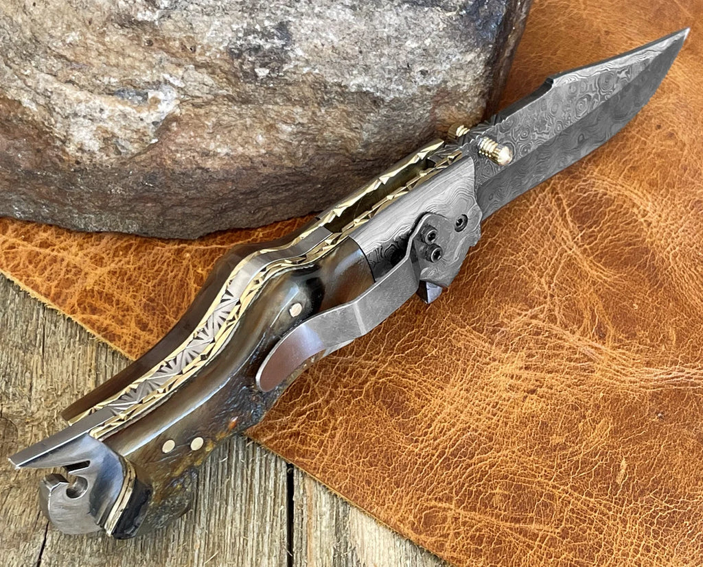 Personalized Ram Horn Handle Damascus Steel Pocket Knife with Belt Clip