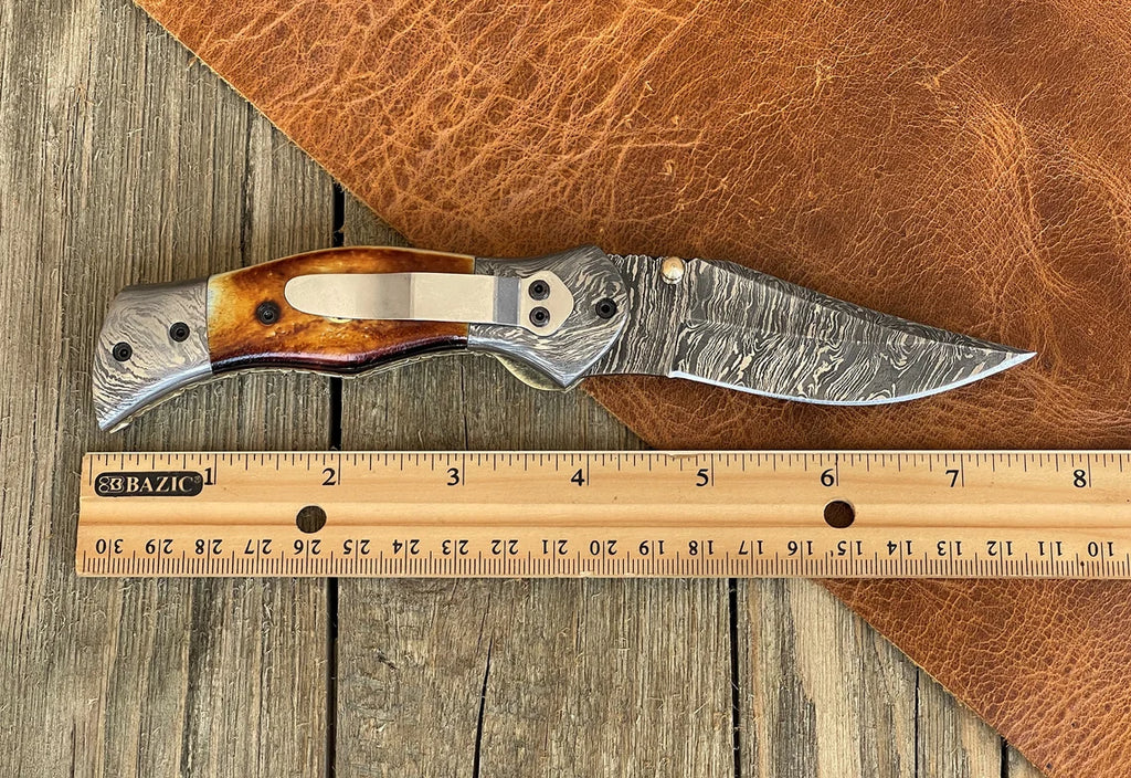 Personalized Damascus Steel Pocket Knife with Belt Clip, Burnt Camel Bone Handle