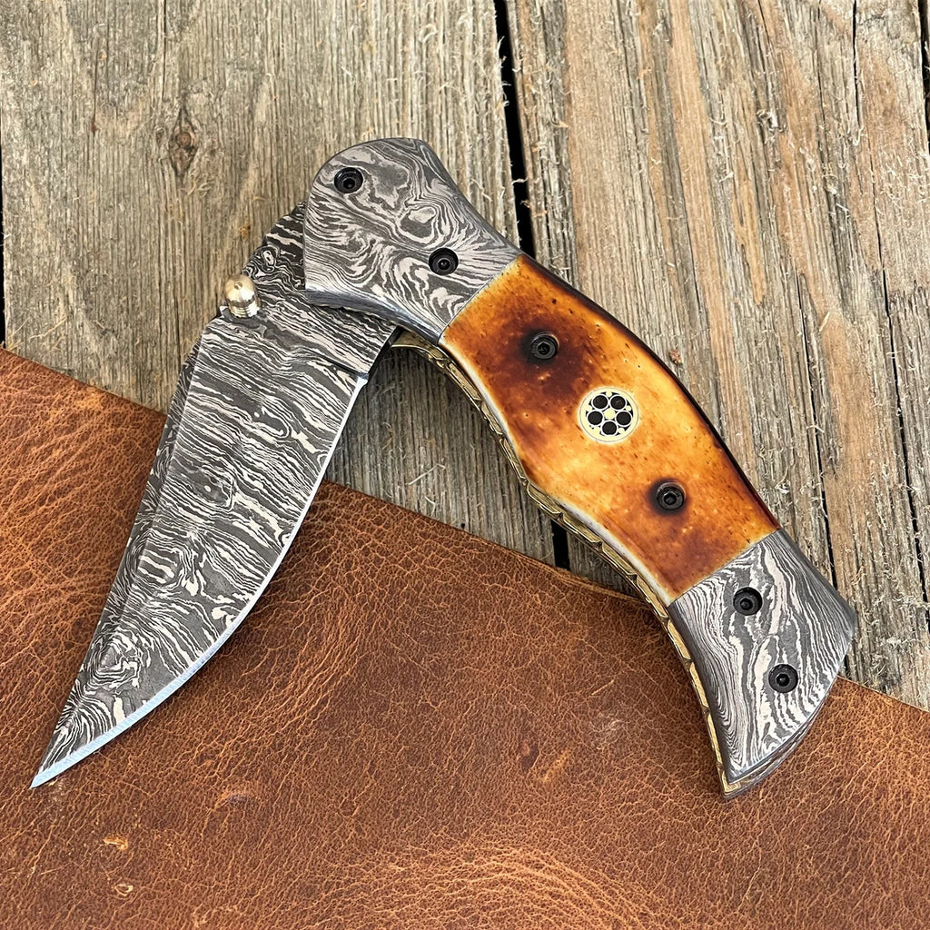 Personalized Damascus Steel Pocket Knife with Belt Clip, Burnt Camel Bone Handle