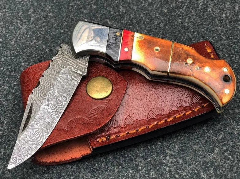 Damascus Pocket Knife, Handmade Folding Knife, Made of Burnt Camel Bone