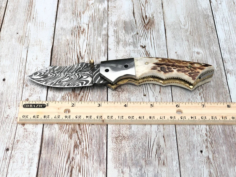 Damascus Steel Pocket Knife  Antler Horn Folding Knife with Leather Sheath, Pocket Camping Knife