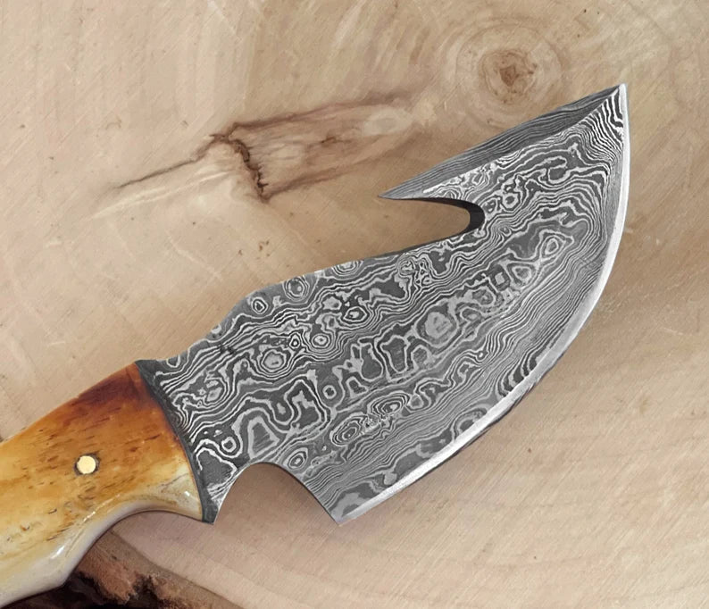 Damascus Steel Hunting Knife Handmade Fixed Blade Knife with Burnt Camel Bone Handle