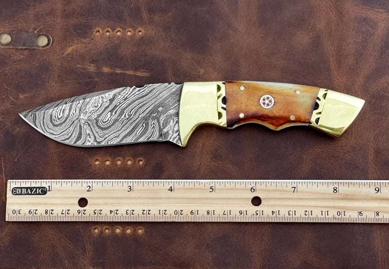Handmade Fixed Blade Knife Personalized Damascus Steel Knife With Burnt Camel Bone Handle