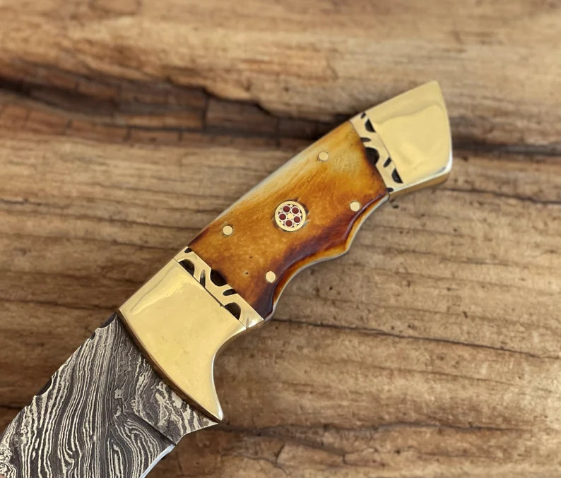 Handmade Fixed Blade Knife Personalized Damascus Steel Knife With Burnt Camel Bone Handle