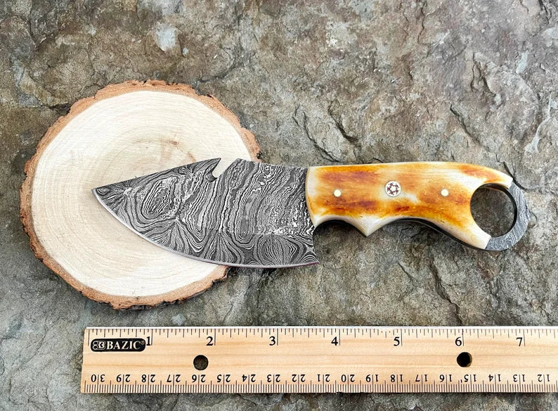 Handmade Full Tang Gut Hook Fixed Blade Knife, Burnt Camel Bone Handle Damascus Steel Knife, Personalized Engraved Gift for Hunter