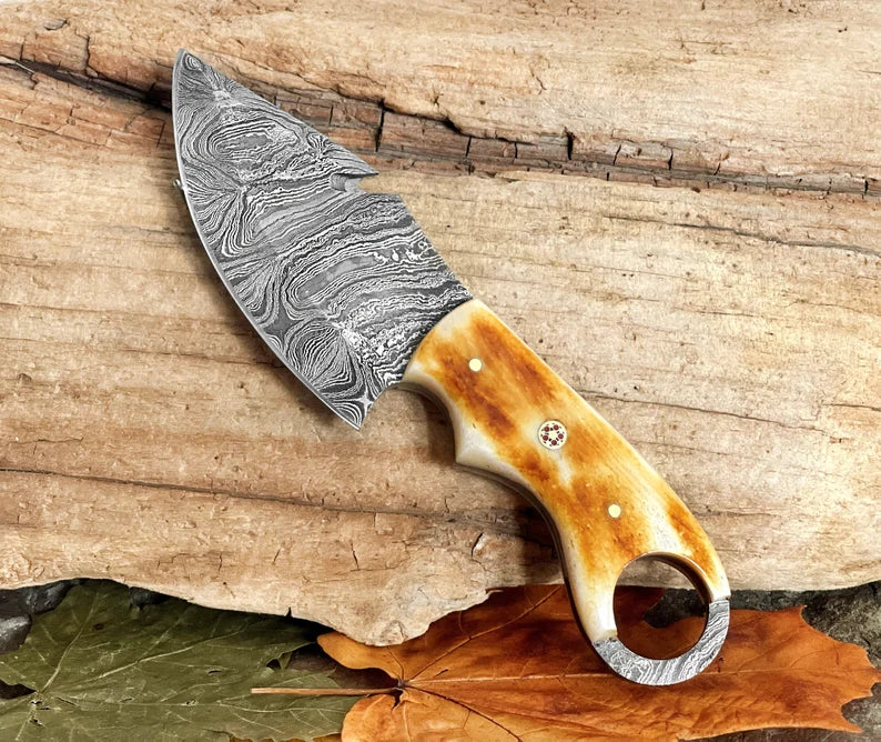 Damascus Hunting Gut Hook Skinner Knife, Damascus Steel Classic Hunting Knife, 8