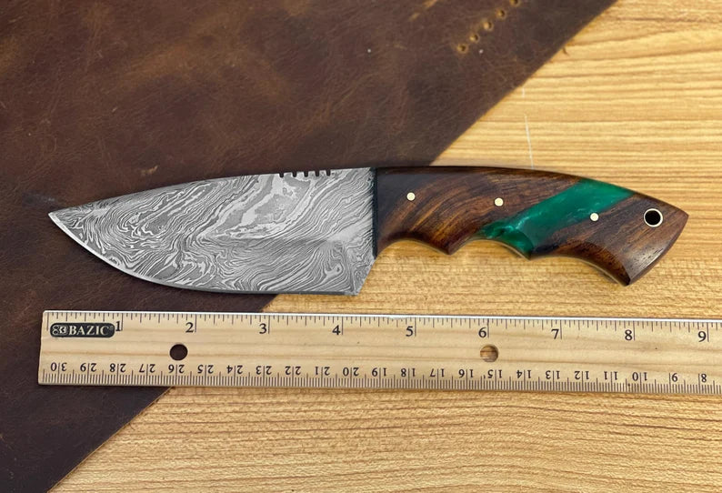 Handmade Damascus Steel Hunting Knife Fixed Blade Full Tang With Epoxy Rosewood Handle