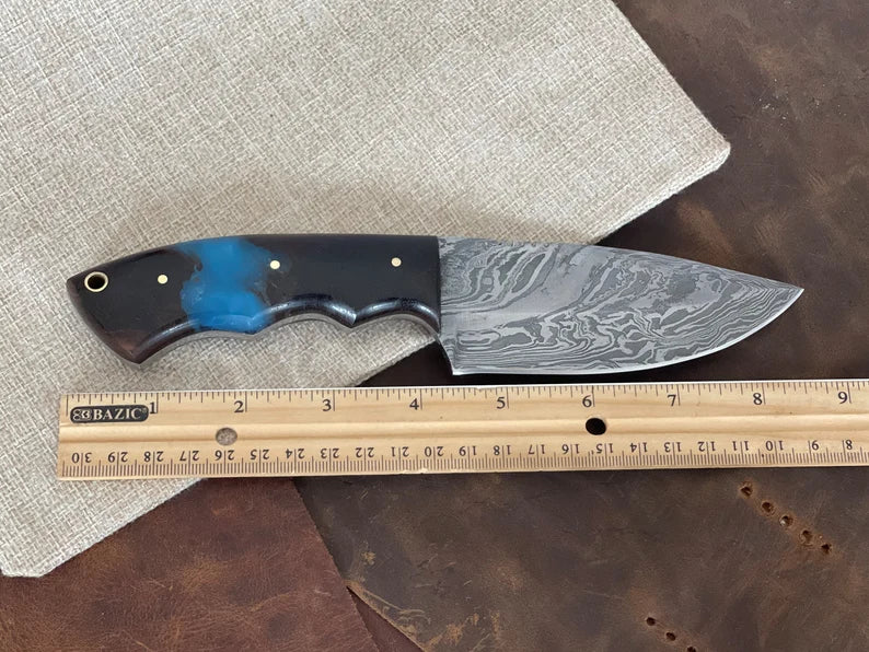 8.5'' Damascus Steel Fixed Blade Knife, Full Tang Custom Epoxy and Rose Wood Handle Knives