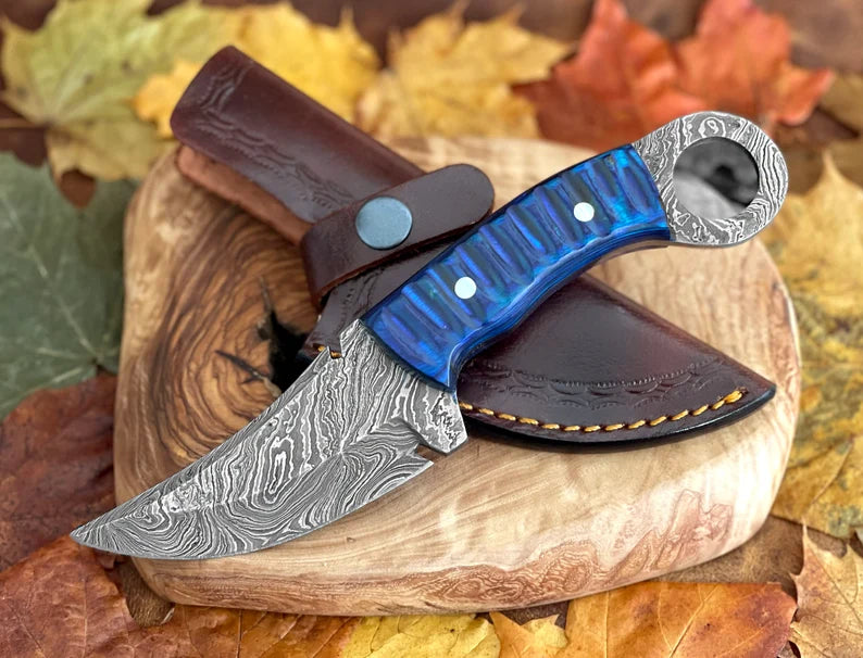 Damascus Fixed Blade Pocket Knife Custom Wood Handle Knife,, Handmade Full Tang Engraved Knife