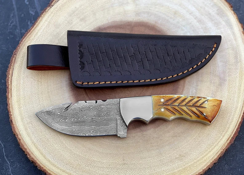 Handmade Hunting Knife, Personalized Damascus Steel Fixed Blade Knife Burnt Camel Bone Handle