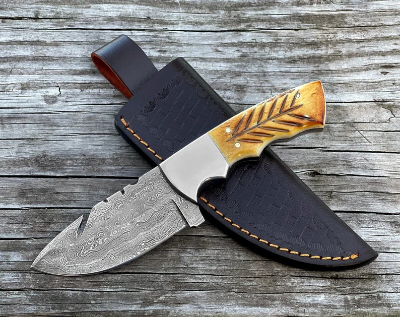 Handmade Hunting Knife, Personalized Damascus Steel Fixed Blade Knife Burnt Camel Bone Handle