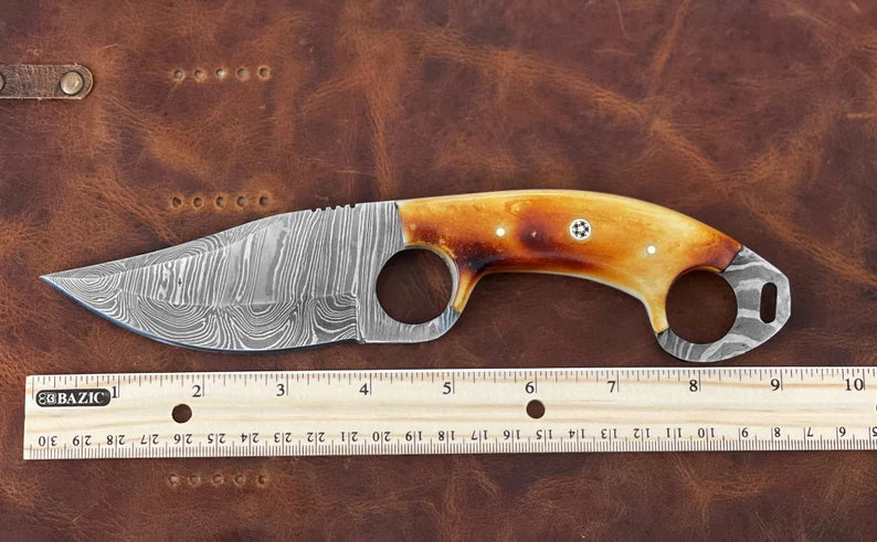 9'' Handmade Custom Full Tang Knife, Damascus Steel Fixed Blade Hunting Knife with Burnt Camel Bone Handle