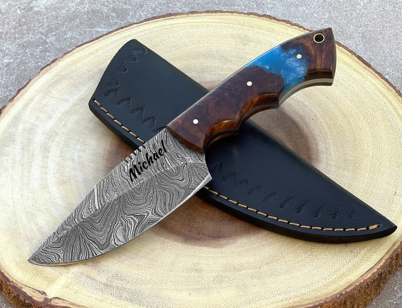 8.5'' Damascus Steel Fixed Blade Knife, Full Tang Custom Epoxy and Rose Wood Handle Knives