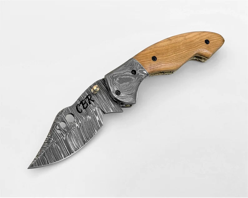 Damascus Steel Folding Pocket Knife with Belt Clip Handmade