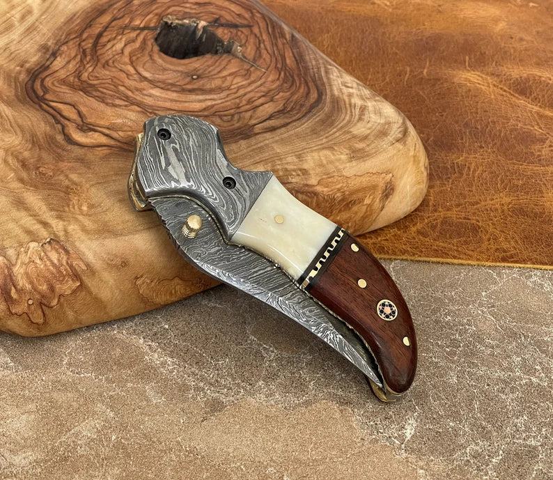 Personalized Handmade Damascus Steel Pocket Knife Camel Bone and Wood Handle