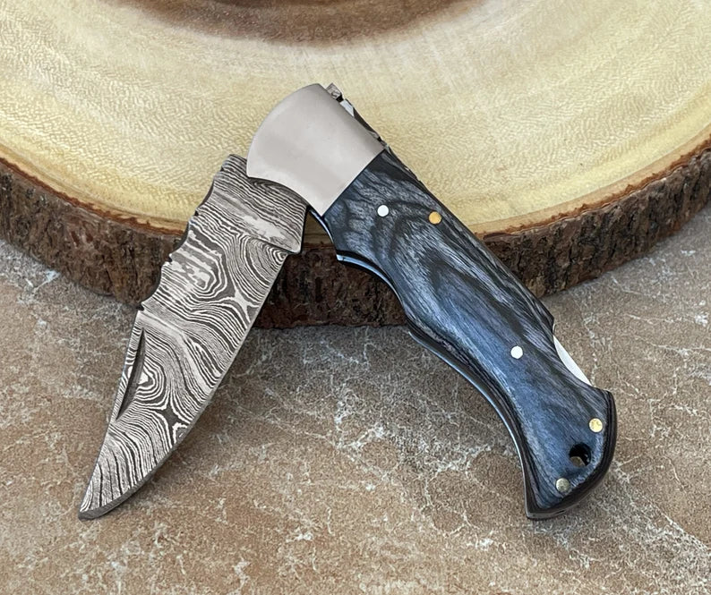 Handmade Pocket Knife Damascus Steel Folding Knife With Leather Sheath